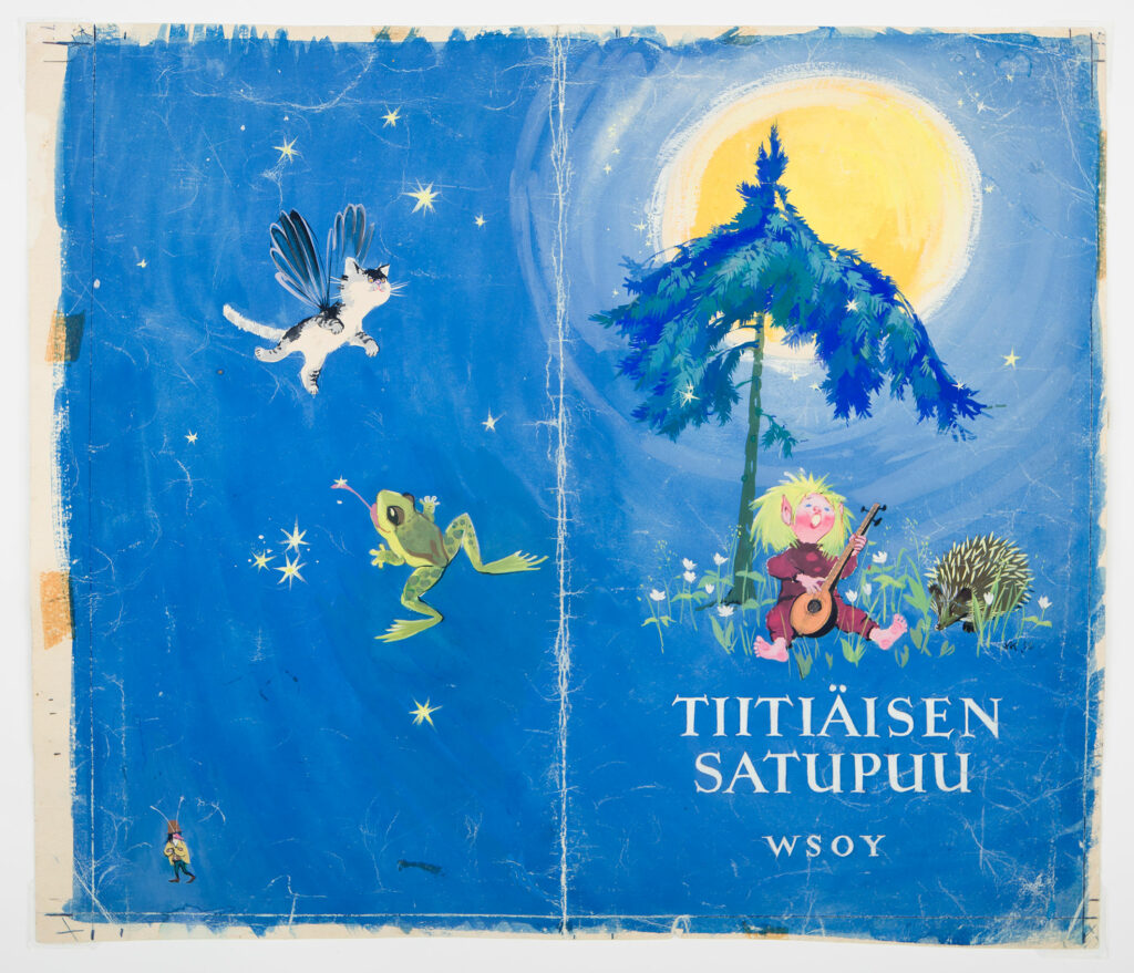 Tiitiäisen satupuu -kirjan sininen kansikuva.