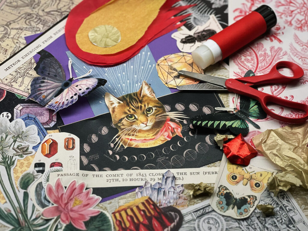 Papers and pictures with lots of colour.